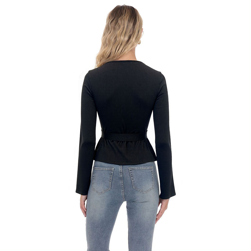 Damen Wickeloberteil Langarm Elegant Rüschen Eveloria