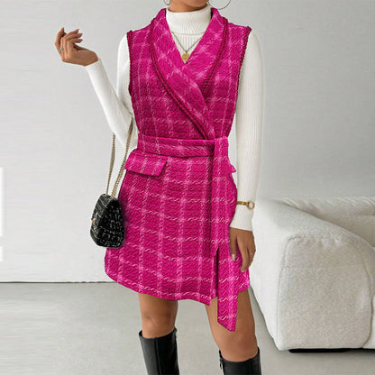 Damen Wickelkleid Karomuster Taillengürtel