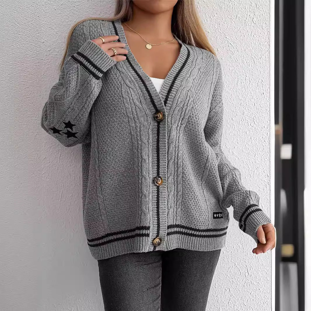 Damen Strickcardigan Strukturiertes Muster Kontrast Akzente Beige