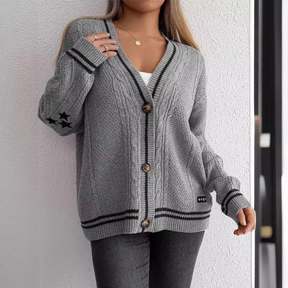 Damen Strickcardigan Strukturiertes Muster Kontrast Akzente Beige