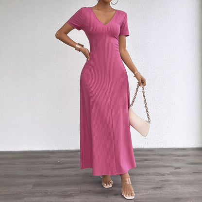 Damen Maxikleid Langarm Rippstruktur V-Ausschnitt Eveloria