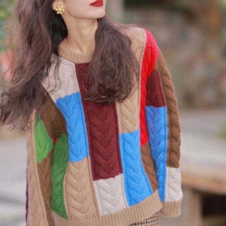 Damen Grobstrickpullover Bunt Patchwork-Muster