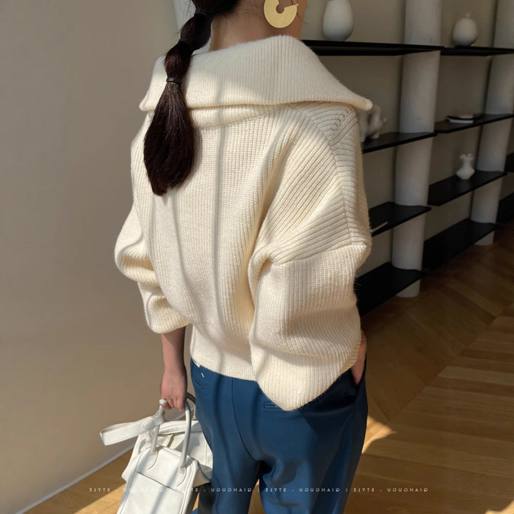 Damen Grobstrick Pullover Übergroß Hohler Kragen Beige