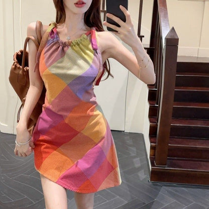 Damen Kurzarmkleid Karomuster Elastisch