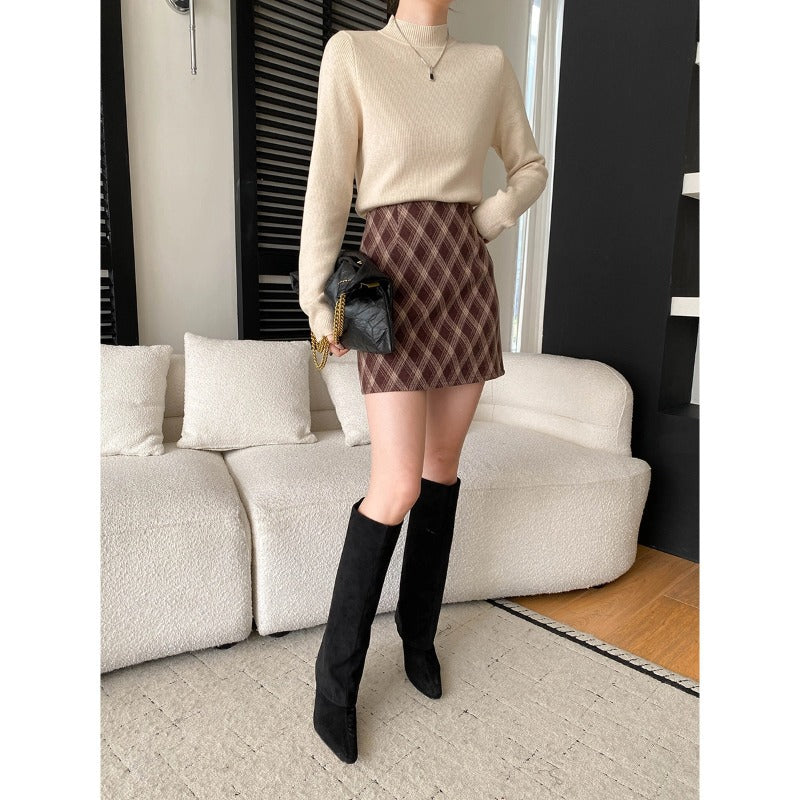 Damen Strickoberteil Figurbetont Hohem Kragen Rippdetails Elegant