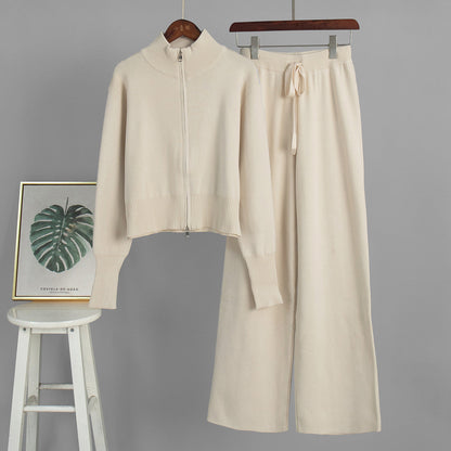 Damen Strickensemble mit Zip-Kragen und weitem Schnitt