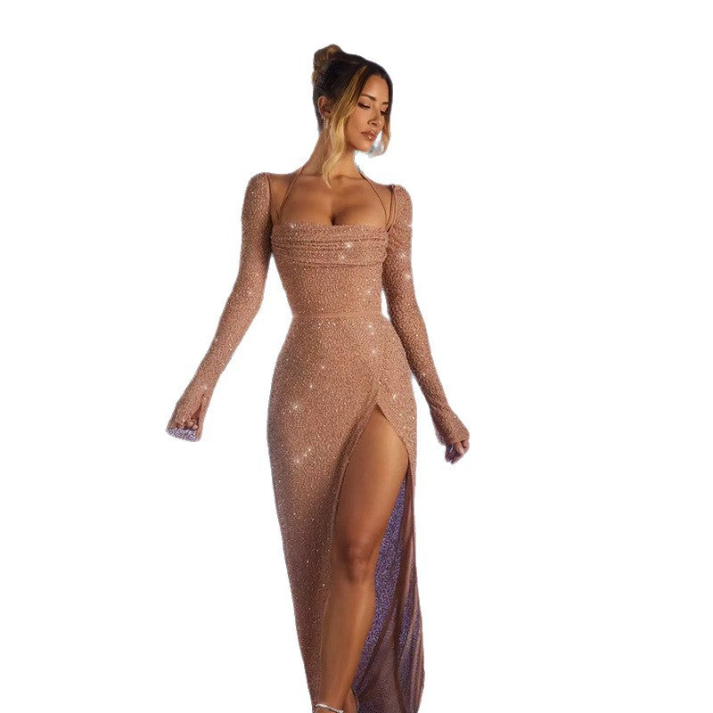 Damen Maxikleid Schimmerndes Kleid mit Seitenschlitz