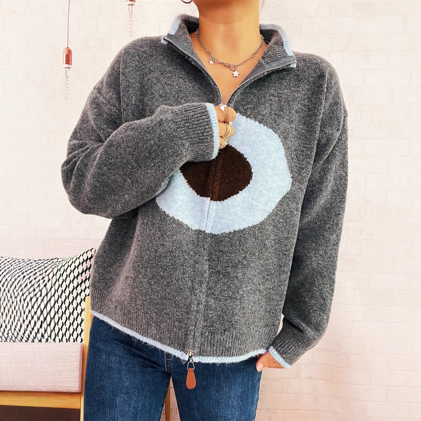 Damen Strickpullover Reißverschluss Kuscheliger Look