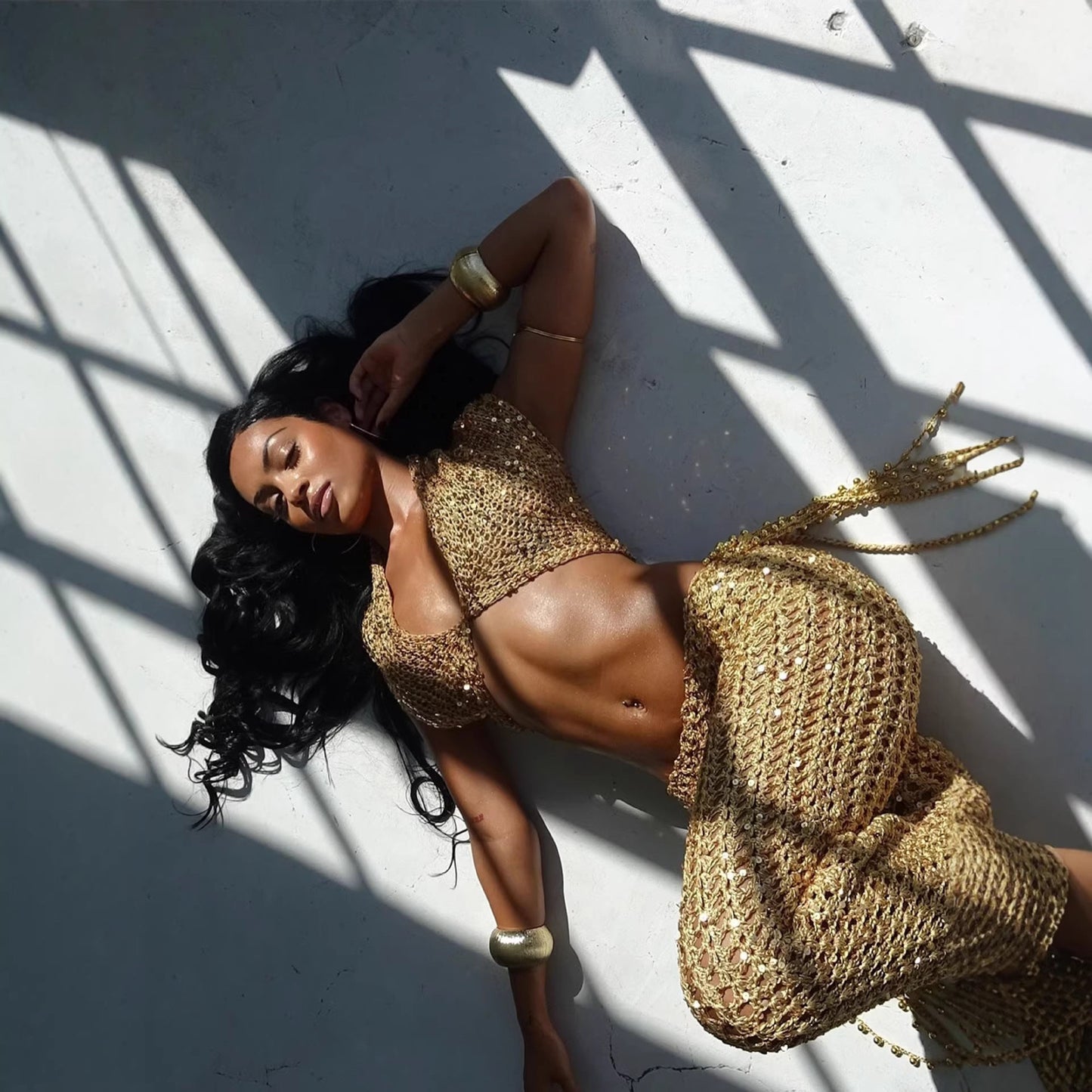 Damen Glitzer-Overfit-Set Knöchellang mit funkelnden Details
