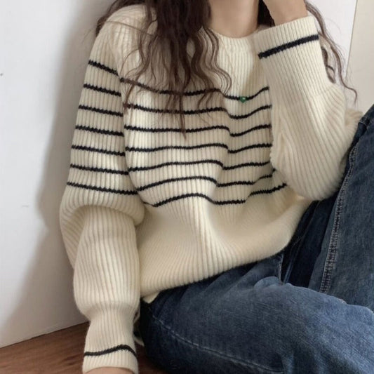 Damen Grobstrickpullover Gestreift Lässig Eveloria - Eveloria