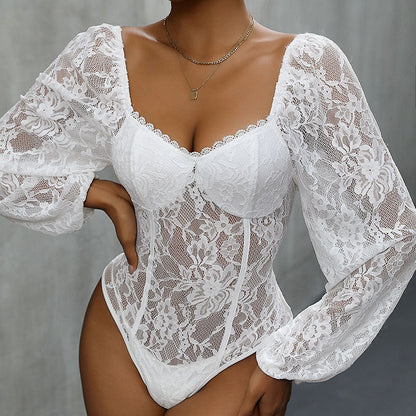 Damen Spitzenbody Langarm
