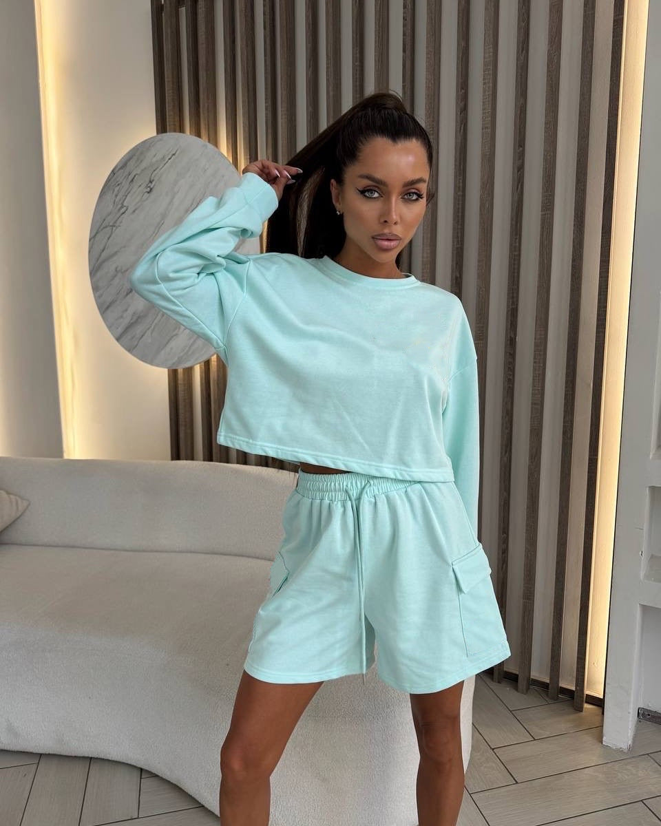 Damen Freizeitanzug Oversized Sweatshirt Kurze Hose Eveloria