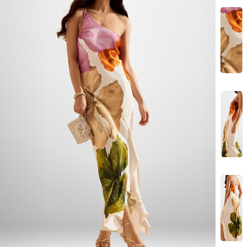 Damen Maxikleid Blumenmuster Asymmetrischer Ausschnitt - Eveloria