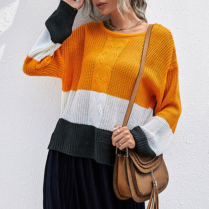 Damen Strickpullover Weit Modische Blockstreifen Beige