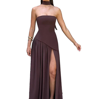 Damen Maxikleid Trägerlos Hochschlitz Eveloria