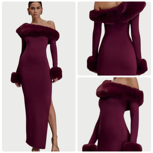 Damen Maxikleid Langarm Schulterfrei mit Fellakzenten - Eveloria