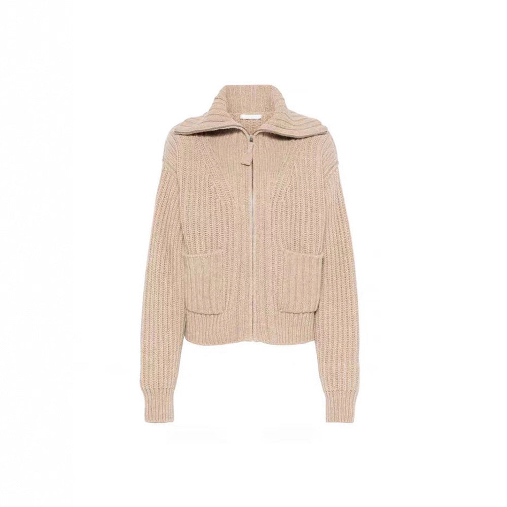 Damen Grobstrickpullover Hochkragen Mit Taschen Beige