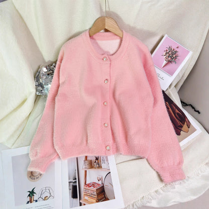 Damen Strickjacke Perlknöpfe Moderner Schnitt Beige Eveloria