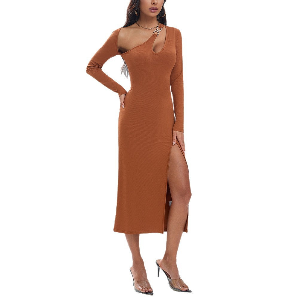 Eveloria Damen Langarmkleid Figurbetont Asymmetrisch