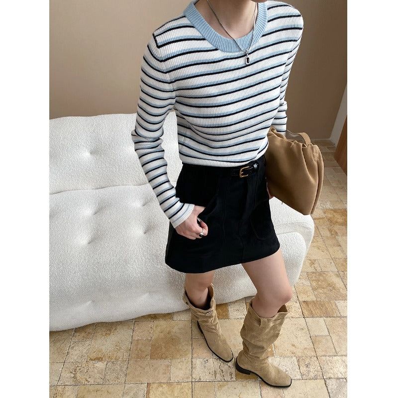 Damen Pullover Gestreift Rundhalsausschnitt Feinripp Eveloria
