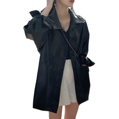 Damen Longjacke Kunstleder Praktische Taschen