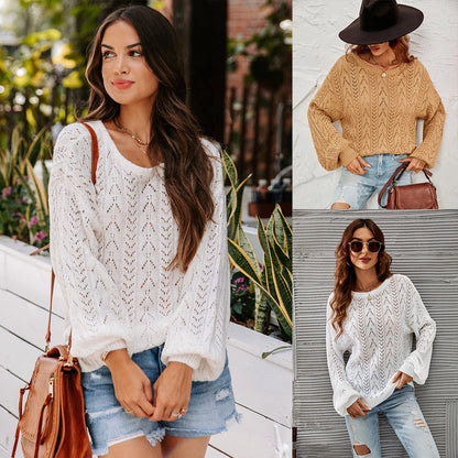 Damen Strickpullover Feinripp Luftig Weite Ärmel Beige - Eveloria