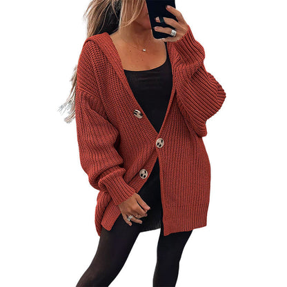 Damen Oversize Strickjacke Grobstrick Weich Holzknöpfe Beige
