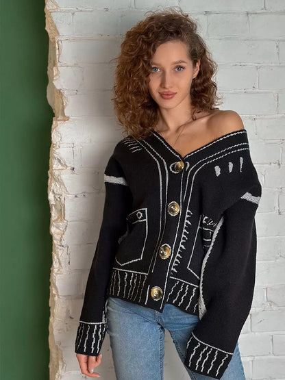 Damen Strickjacke Asymmetrisch Kontrastknöpfe Eveloria