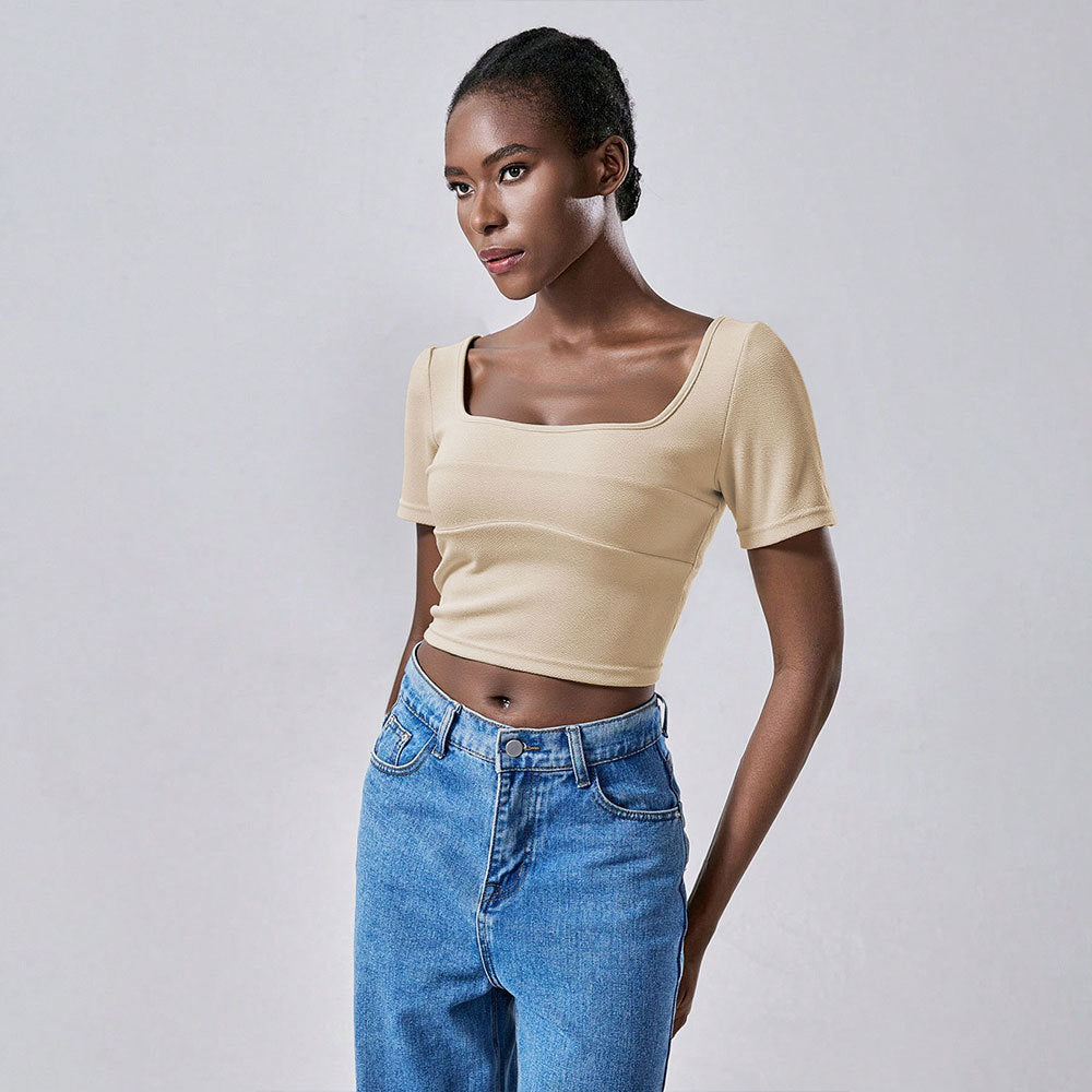 Damen T-Shirt Cropped Quadrat-Ausschnitt Kurzärmelig Eveloria