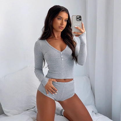Damen Loungewear Set Langarmoberteil und Shorts - Eveloria