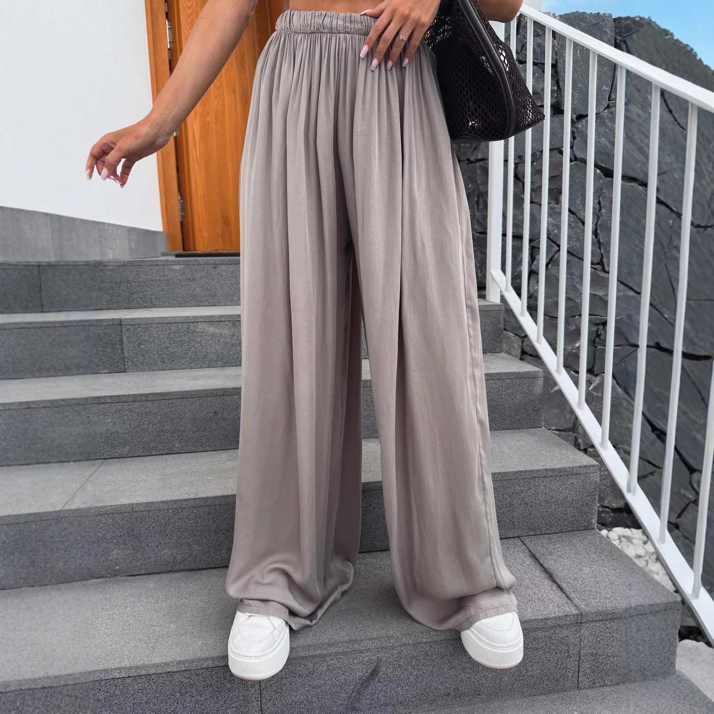 Damen Palazzo-Hose Elastischer Bund Weite Passform Beige