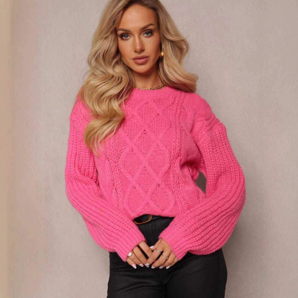 Damen Grobstrickpullover mit Zopfmuster Weite Ärmel Beige