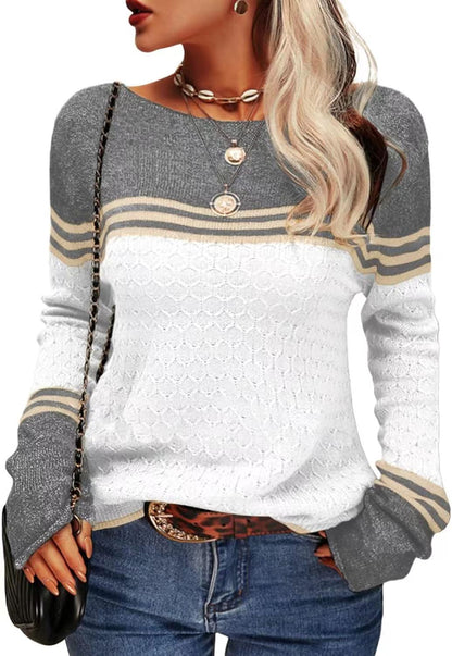 Damen Strickpullover Kontrastfarben Einzigartige Textur Grau