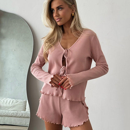 Damen Strick-Set Kurz mit Bindeband und Wellensaum