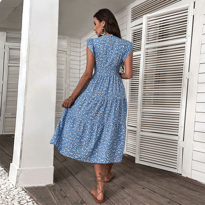 Damen Maxikleid Florale Rüschen Tailliert