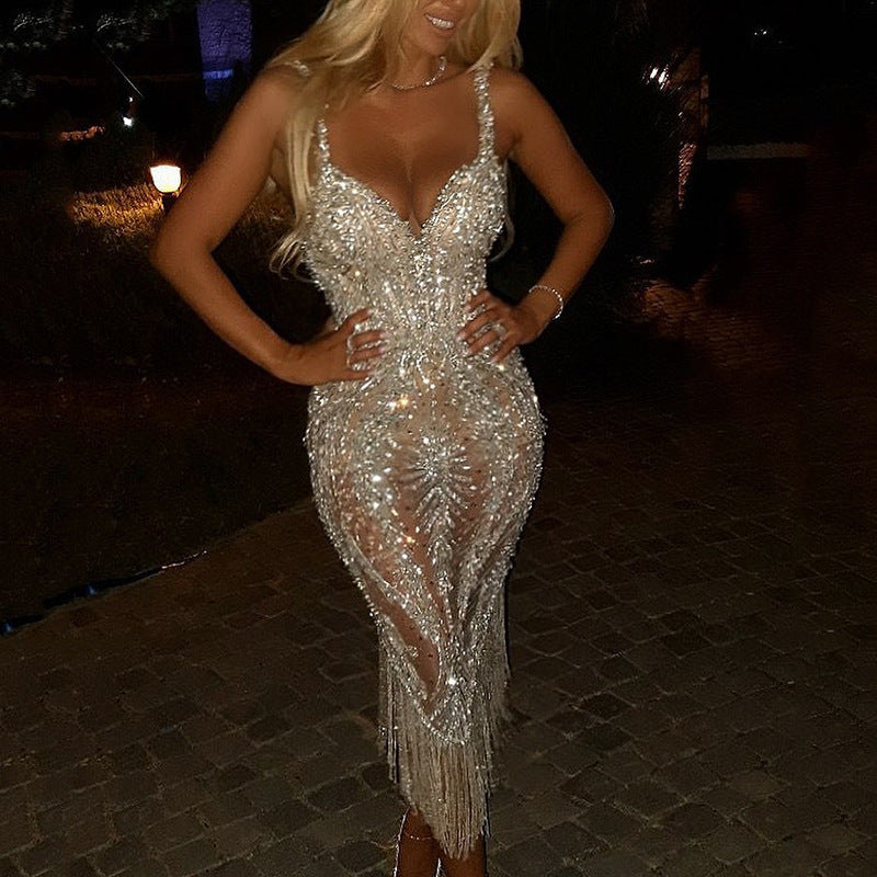 Damen Abendkleid mit Pailletten und Fransen Eveloria