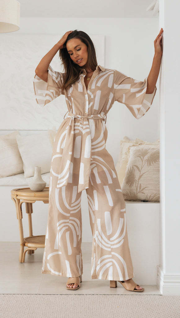 Damen Jumpsuit Eleganter Bindegürtel Muster Eveloria