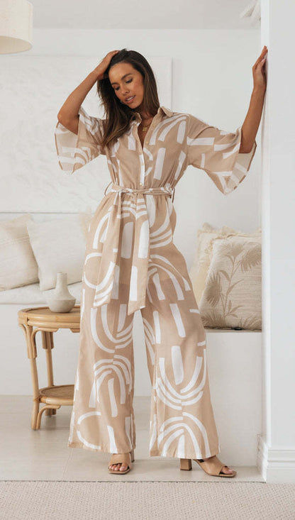 Damen Jumpsuit Eleganter Bindegürtel Muster Eveloria
