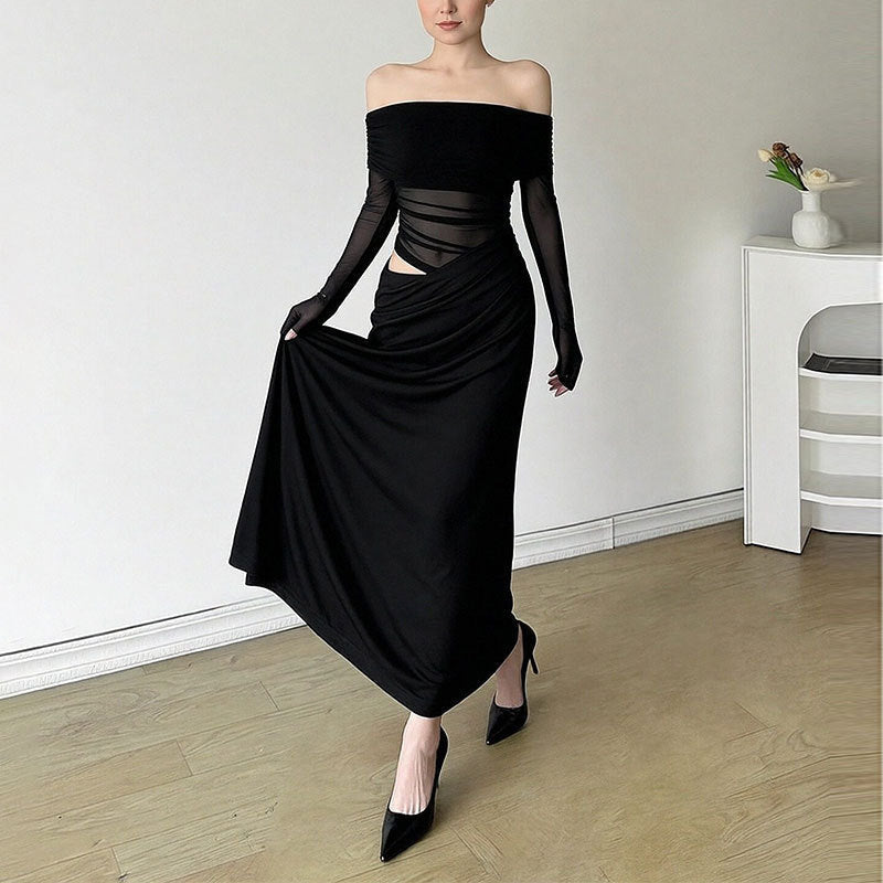 Damen Off-Shoulder Maxikleid Rüschendetails Langer Arm Eveloria