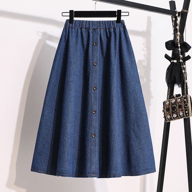 Damen Denim-Rock Lang Dekorative Druckknöpfe Blau
