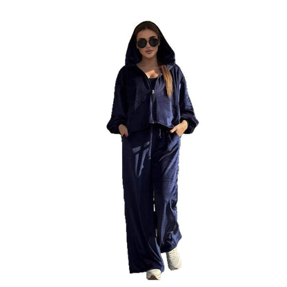 Damen Sportlicher Lounge-Anzug Samt-Look Cropped Oberteil Weite Hose