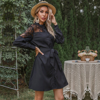 Damen Hemdblusenkleid Spitze Ärmel Taillengürtel Eveloria