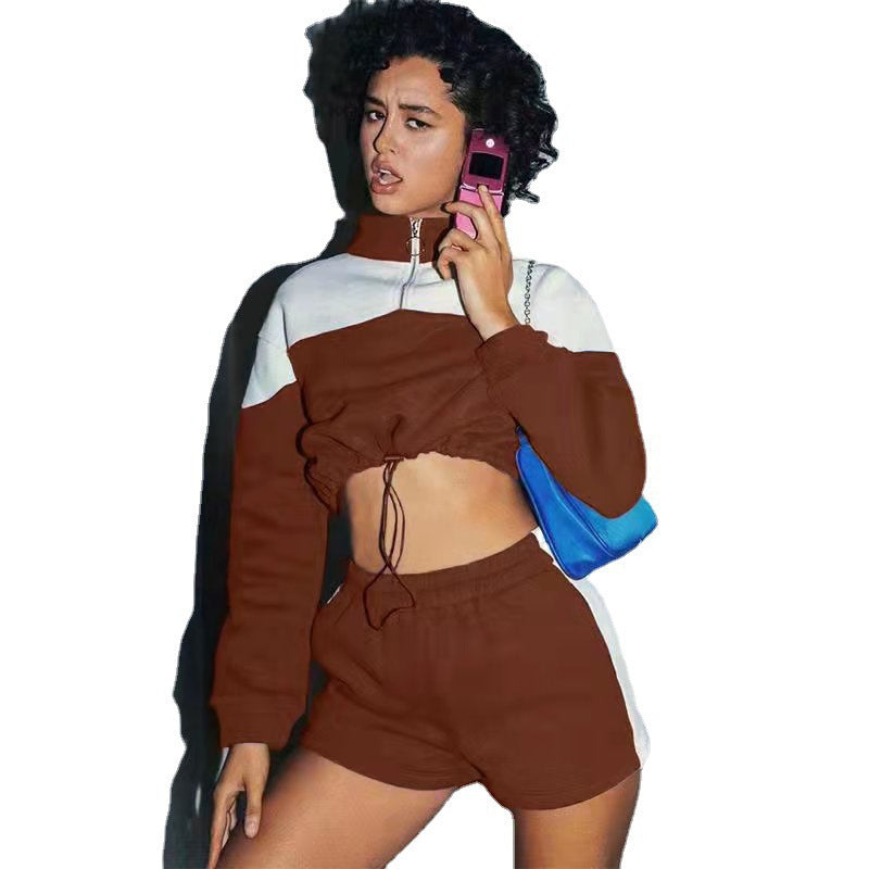 Damen Sportanzug Cropped Hochkragen Kordelzug Eveloria