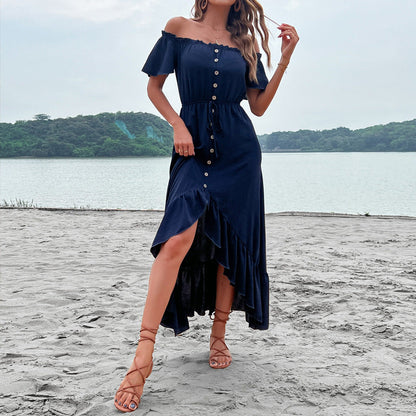 Damen Maxikleid Schulterfrei Knöpfbarem Vorderteil Eveloria - Eveloria