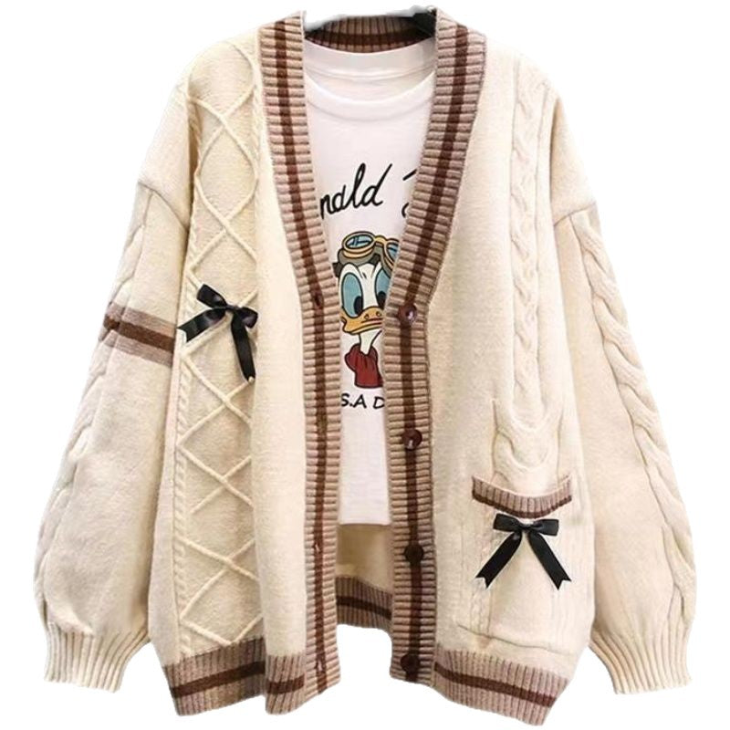 Damen Strickcardigan Zopfmuster Dekorative Schleifen Beige