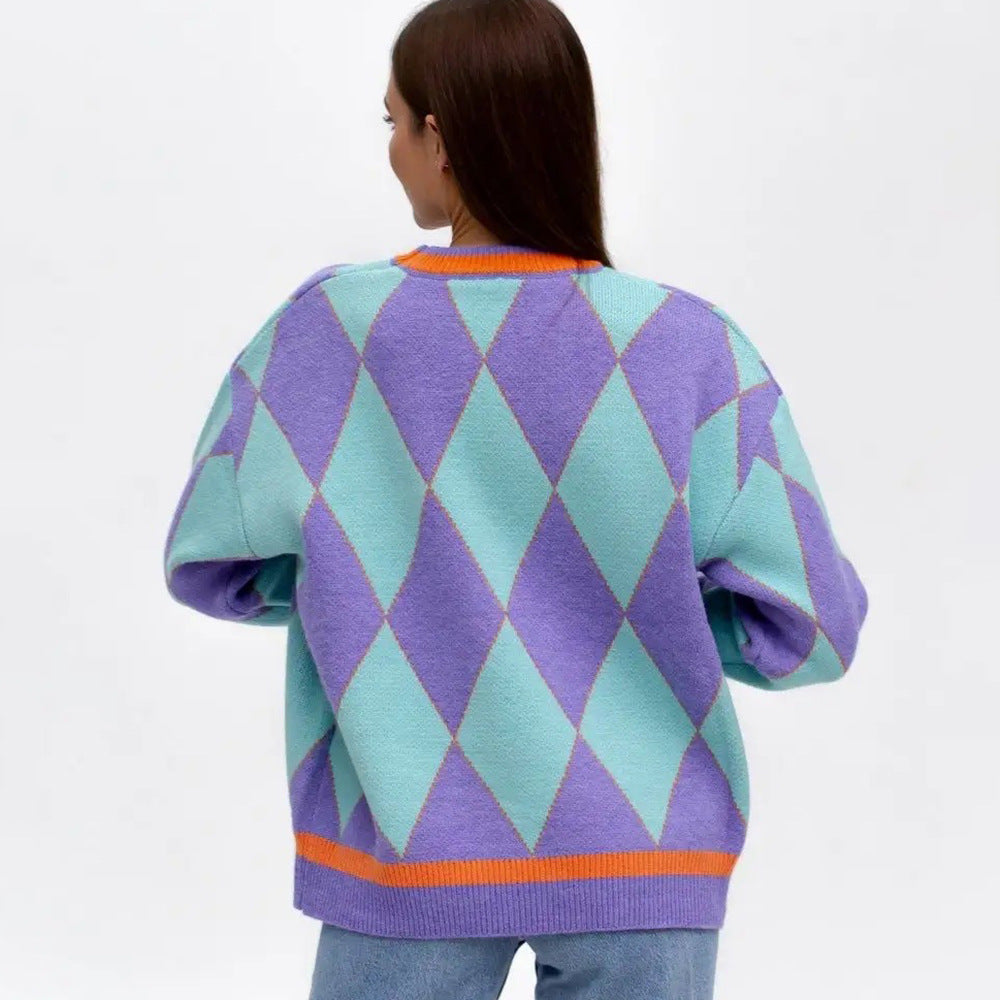 Damen Grobstrickpullover Diamantmuster Bunt
