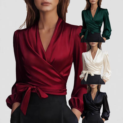 Damen Wickelbluse Satin Puffärmel Schwarz Eveloria - Eveloria