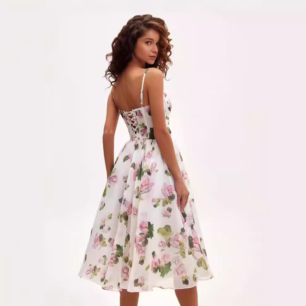 Damen Midi-Kleid Floralmuster Chiffon Taillengürtel