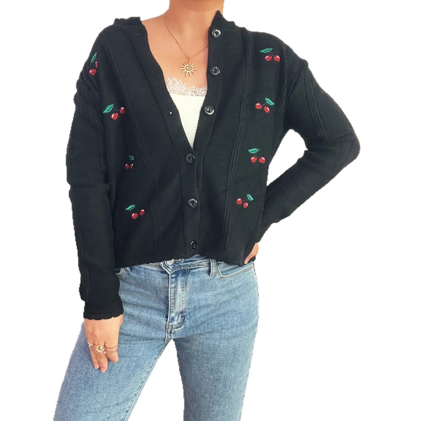 Damen Strickjacke Kirschenmotiv Rüschenkragen
