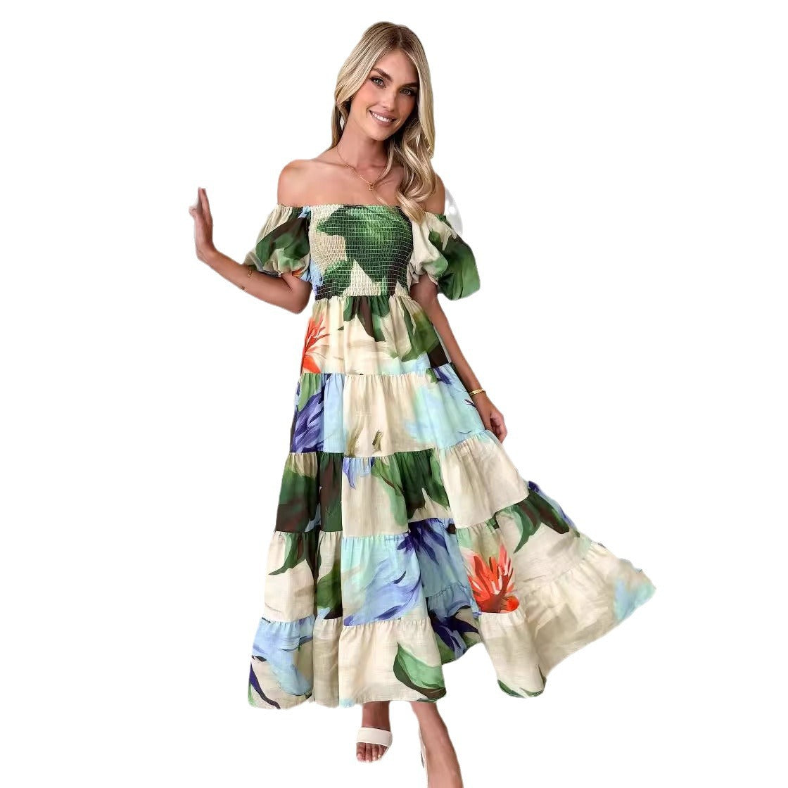 Damen Maxikleid Schulterfrei Puffärmel Eveloria